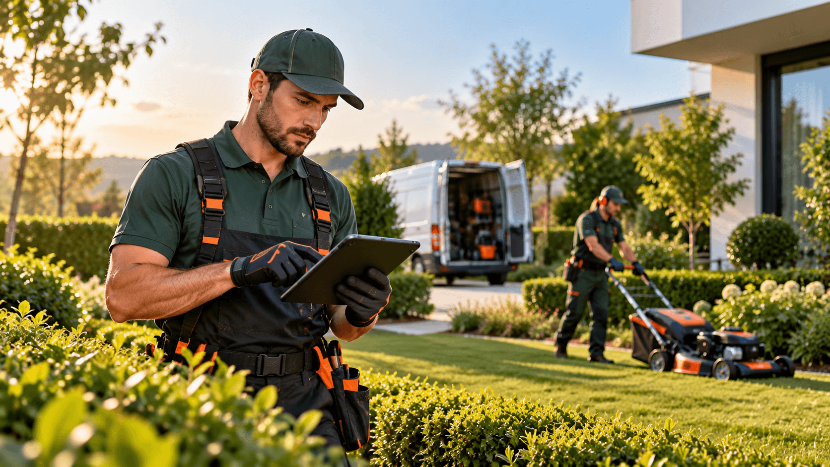 Professional landscaper reviewing crew rota and tasks on a tablet with commercial mower on manicured lawn
