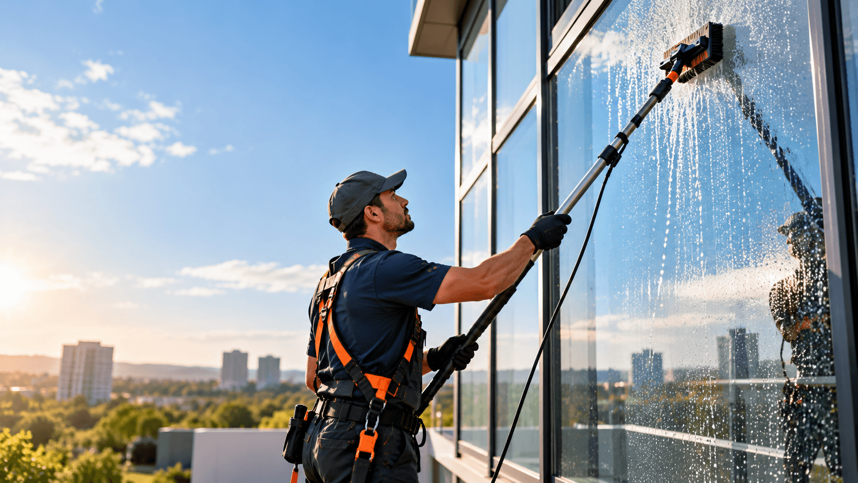 Window cleaner operating high-reach telescopic pole on architectural glass in bright sunlight